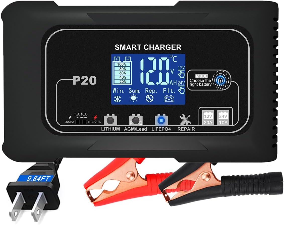 Car Battery Charger, 12V/24V 0-20A Lead-Acid, Lithium, LiFePo4 Smart Battery Charger, Trickle Charger, Fully Automatic Chargers and Maintainer for Car, Motorcycle, Lawn Mower