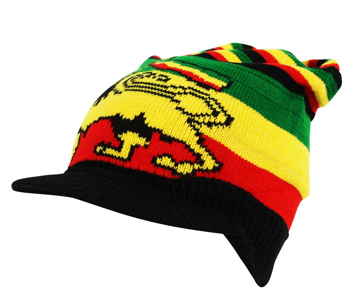 Itzu Men's Black (With Peak) Lion Of Judah Rasta Striped Knit Peak Beanie Cap Hat (Black With Peak)