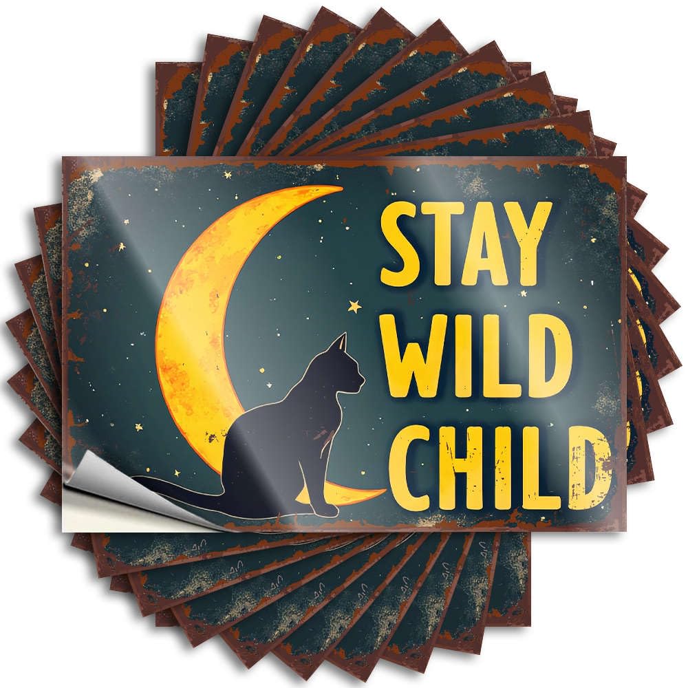 Home Gifts Door Quote | Stay Wild Child with Crescent Moon and Cat Silhouette. Feminist Durable Vinyl Sticker Easy Apply for Diatomaceous(8X12CM)