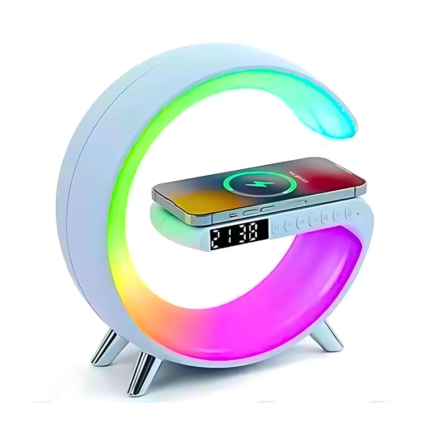 Drumstone (𝟏𝟓 𝐘𝐞𝐚𝐫𝐬 𝐰𝐚𝐫𝐫𝐚𝐧𝐭𝐲 Mini Wireless Charger Lamp – 5-in-1 LED Night Light with Bluetooth Speaker, Alarm Clock, Music Playback, 10 Light Modes – Dimmable for Bedroom & Home Décor