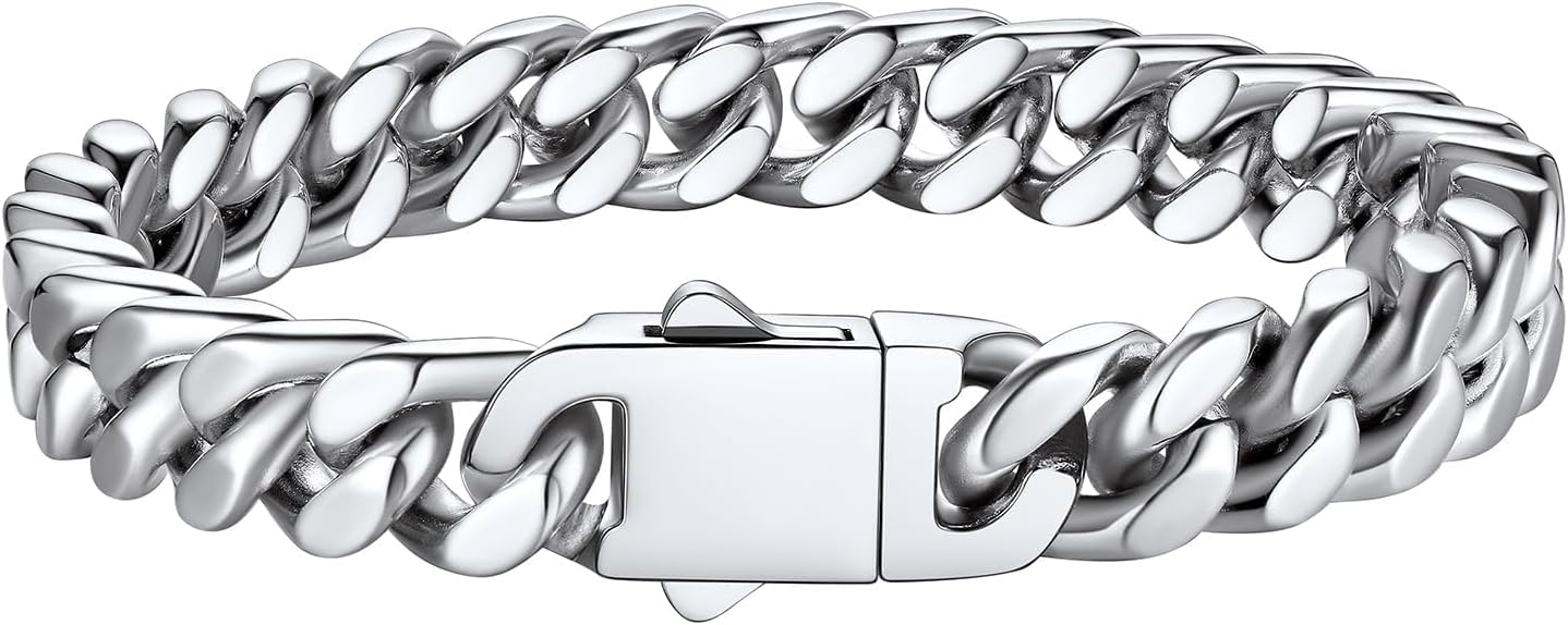 Bestyle Men Miami Cuban Chain Bracelets with Upgrade Buckle Clasp, Durable Real 18K Gold/Black Metal Plated Solid Stainless Steel Hand Chain, Wide 5mm 7mm 9mm 12mm, 19cm 21cm 23cm Long