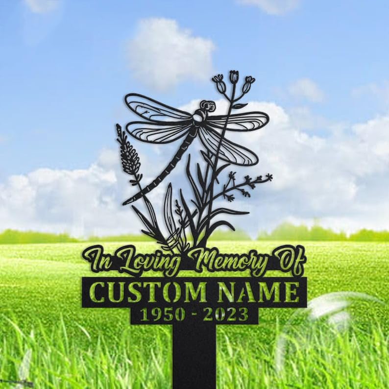 Personalized Memorial Plaques - Outdoor Dragonfly Grave Markers - Metal Garden Stakes - Sympathy Gifts for Loss of Loved One