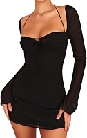 Zebaexf Women's Long Puff Sleeve Mesh Bodycon Mini Dress Sweetheart Neck Sexy Party Clubwear