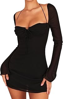 Zebaexf Women's Mesh Dress Long Puff Sleeve Mini Bodycon Sweet Neck Party Mini Dresses for Women