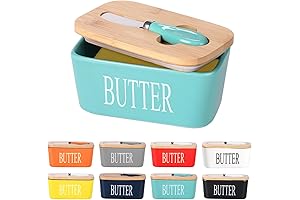 Ceramic Butter Dish with Lid & Wooden Lid: Aqua