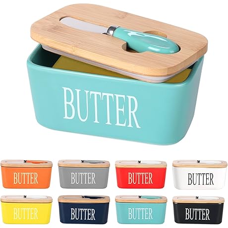 Ceramic Butter Dish with Lid & Wooden Lid: Aqua