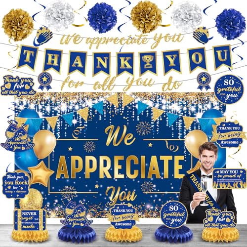 Image of We Appreciate You Decorations Blue Gold Thank You for All You Do Banner Honeycomb Centerpieces Hanging Swirls Employee Staff Appreciation Gift Pastor Teacher Doctor Retirement Appreciation Party Decor