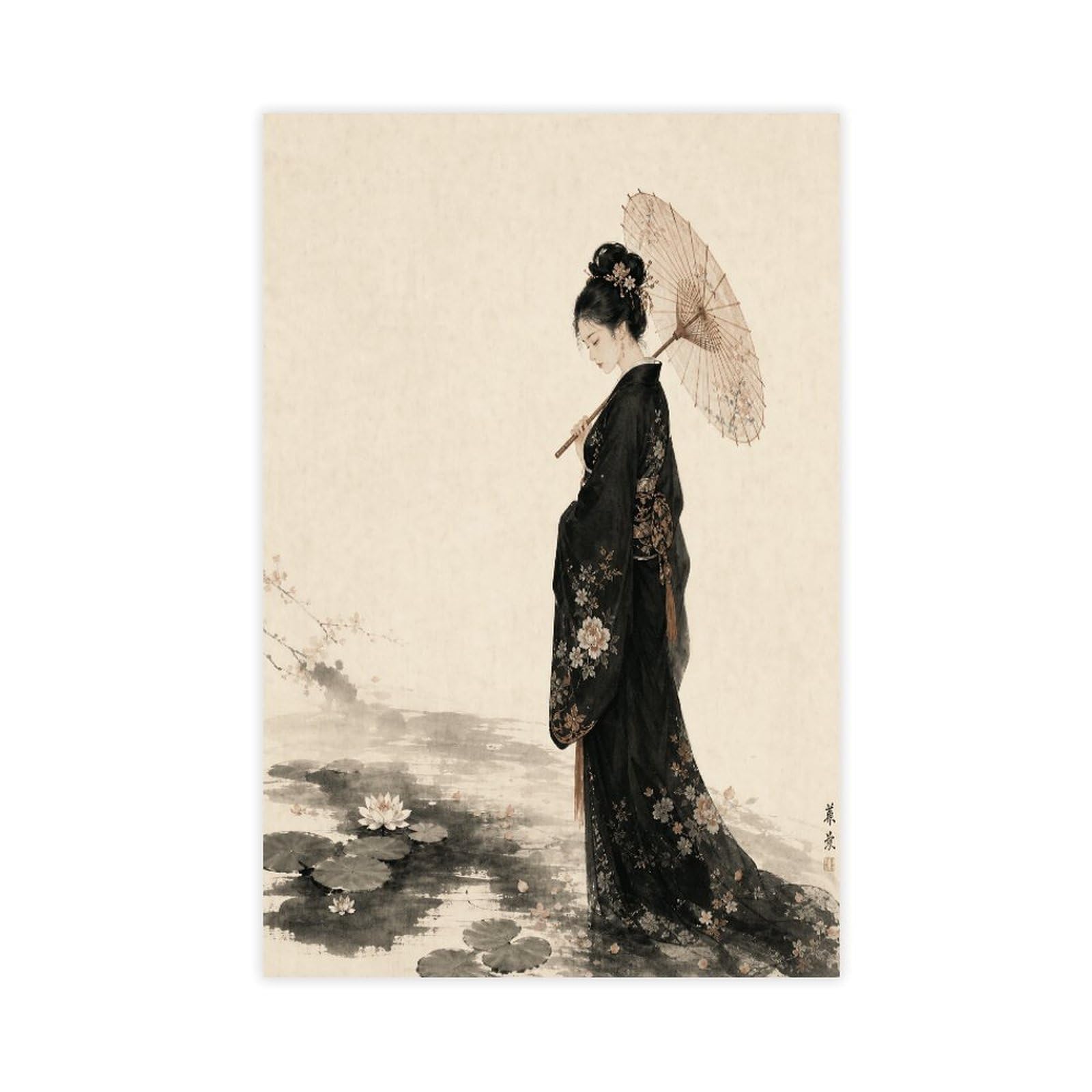 H3b8u2y5 Unframe-Style-23 Woman With Parasol Canvas Wall Art, Japanese Woodblock Living Room