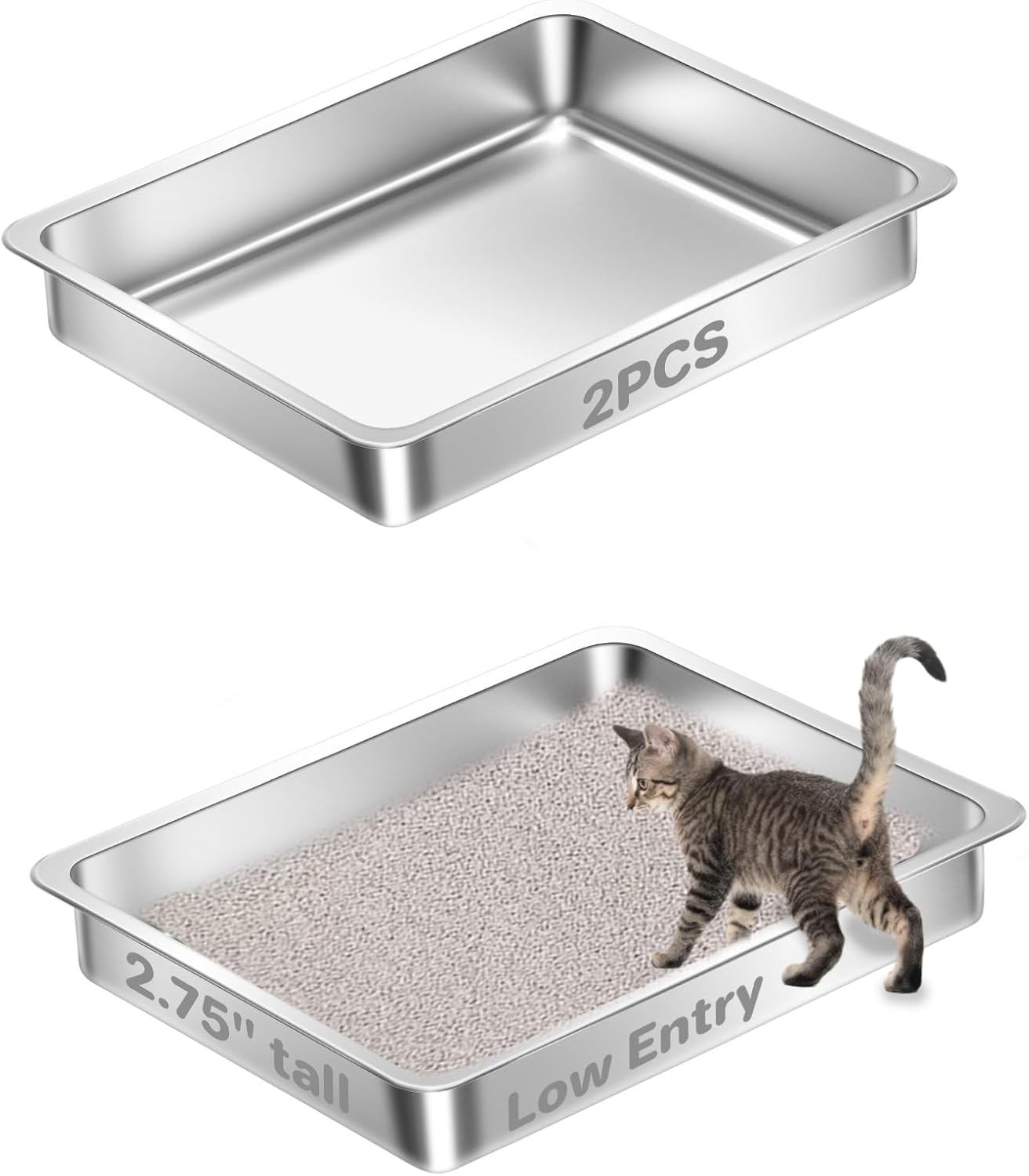 2 Pack Low Entry Stainless Steel Cat Litter Boxes, Large Metal Shallow Litter Box, Easy Access Kitty Litter Pan Tray, Easy Cleaning -17.72'' Lx 13.78'' W x 2.76'' H
