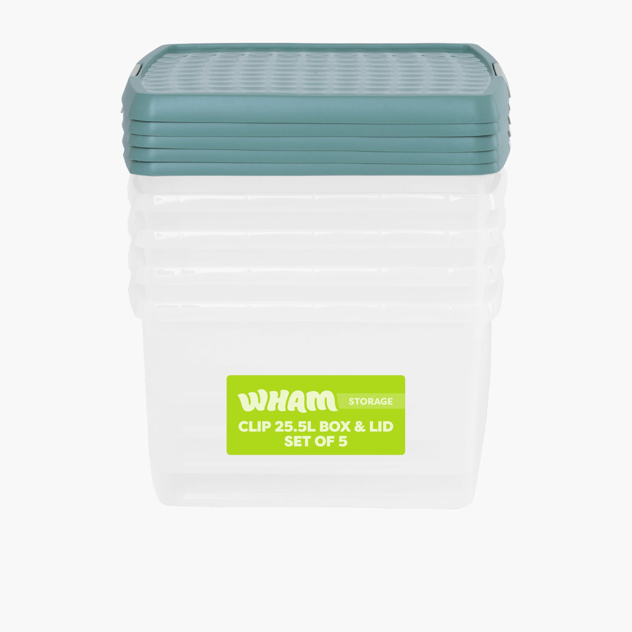 Wham Clear/Green Milieu Clip 5 X 25.5L Square Stackable Plastic Storage Boxes With Lids | Ideal For Home, Office, Toys & More | Storage Containers With Clip Locks | Made In Uk