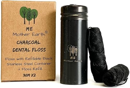 Me Mother Earth Hilo dental de carbón de bambú biodegradable vegano con recipiente recargable de acero inoxidable negro 33 yardas x 2 Hilo dental
