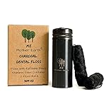 Vegan Biodegradable Bamboo Charcoal Dental Floss with Refillable Black Stainless Steel Container | 30M x2 | Extra Floss| Natural Candelilla Wax | Peppermint | Zero Waste Oral Care