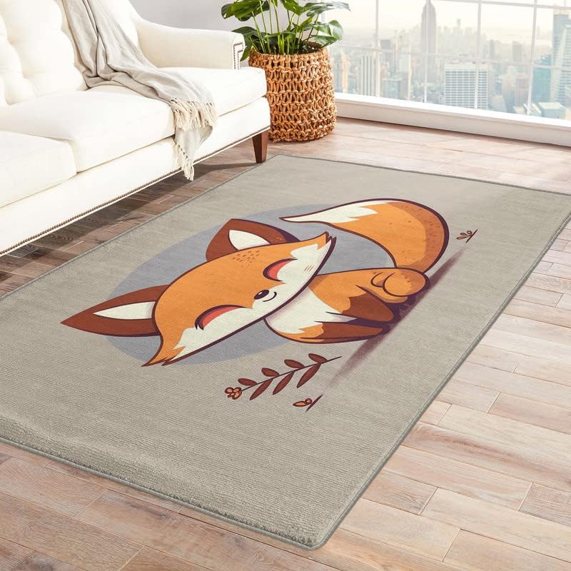 Washable Rugs for Living Room Bedroom, Fox Rug & Home Decor, Kawaii Woodland Animal Area Rug 6x8, Non Slip Soft Low Pile Non-Shedding Indoor Carpet,