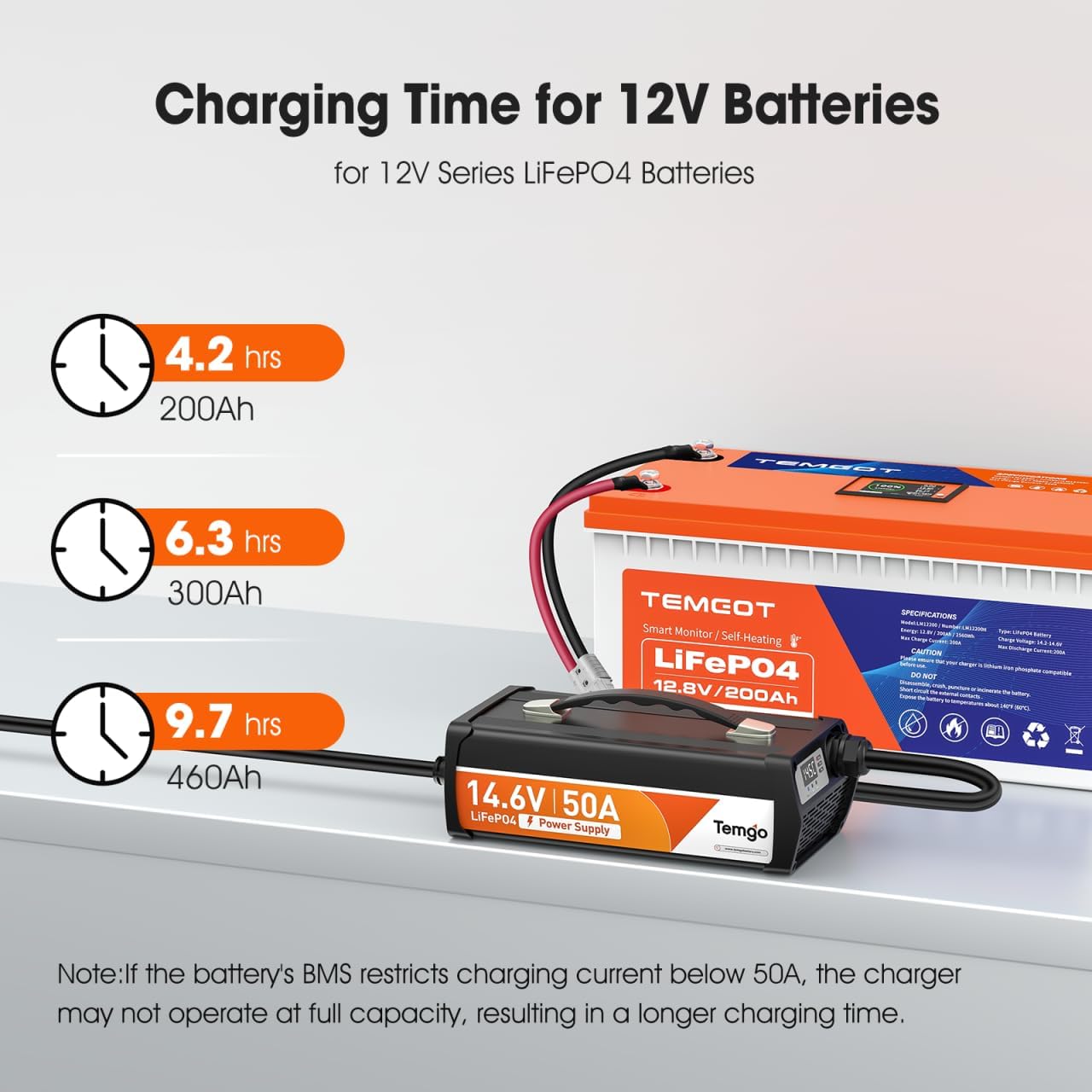 14.6V 50A LiFePO4 Battery Charger, Fast Charging Lithium Battery Charger with Smart Activation, LED Indicator, Wire Lugs & Full Protection