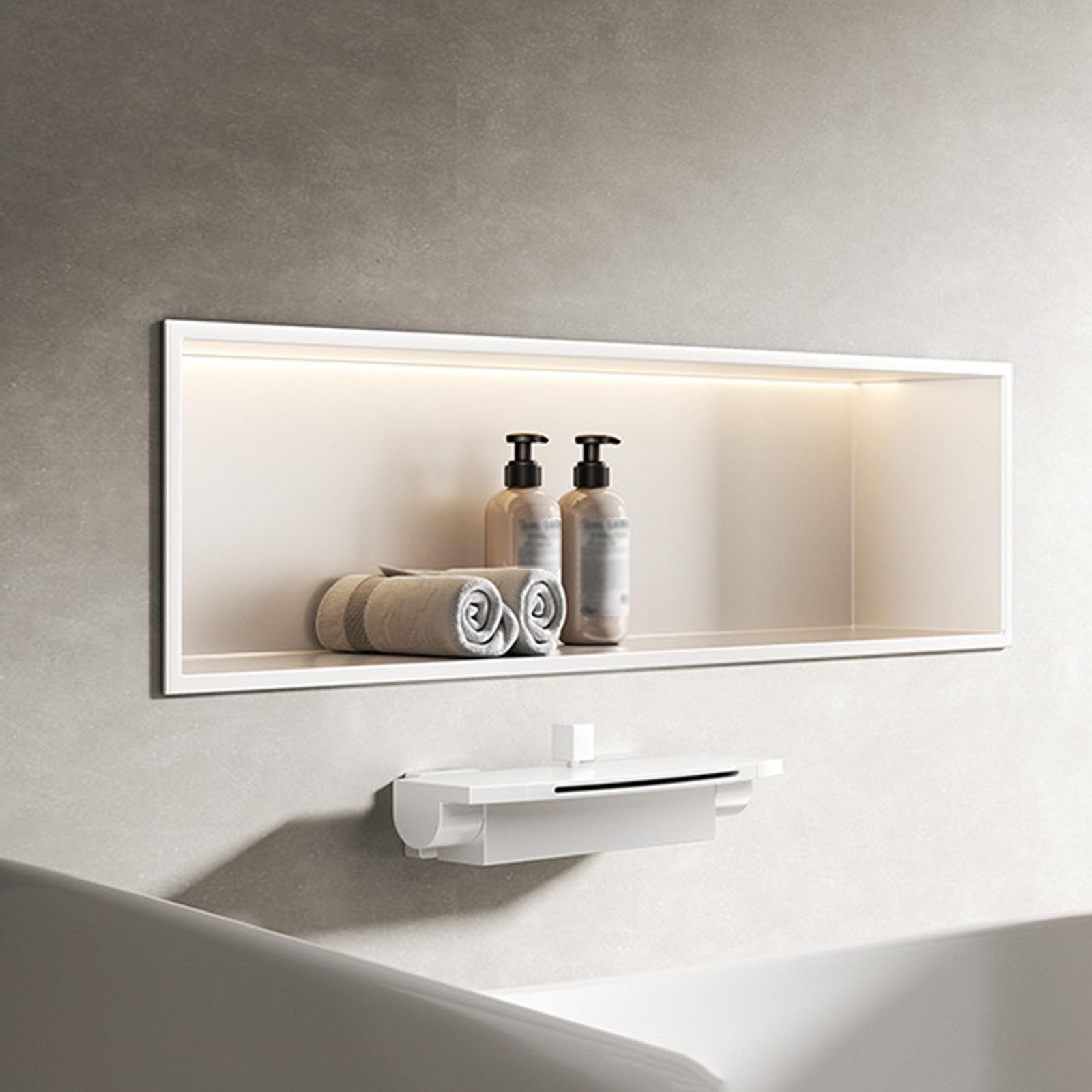 QUSYZD Waterproof Stainless Steel Shower LED Niche - Recessed Bathroom Shelf, No Tile Needed, Over-Mounted, Horizontal Cabinet,White-70x28x12.5cm