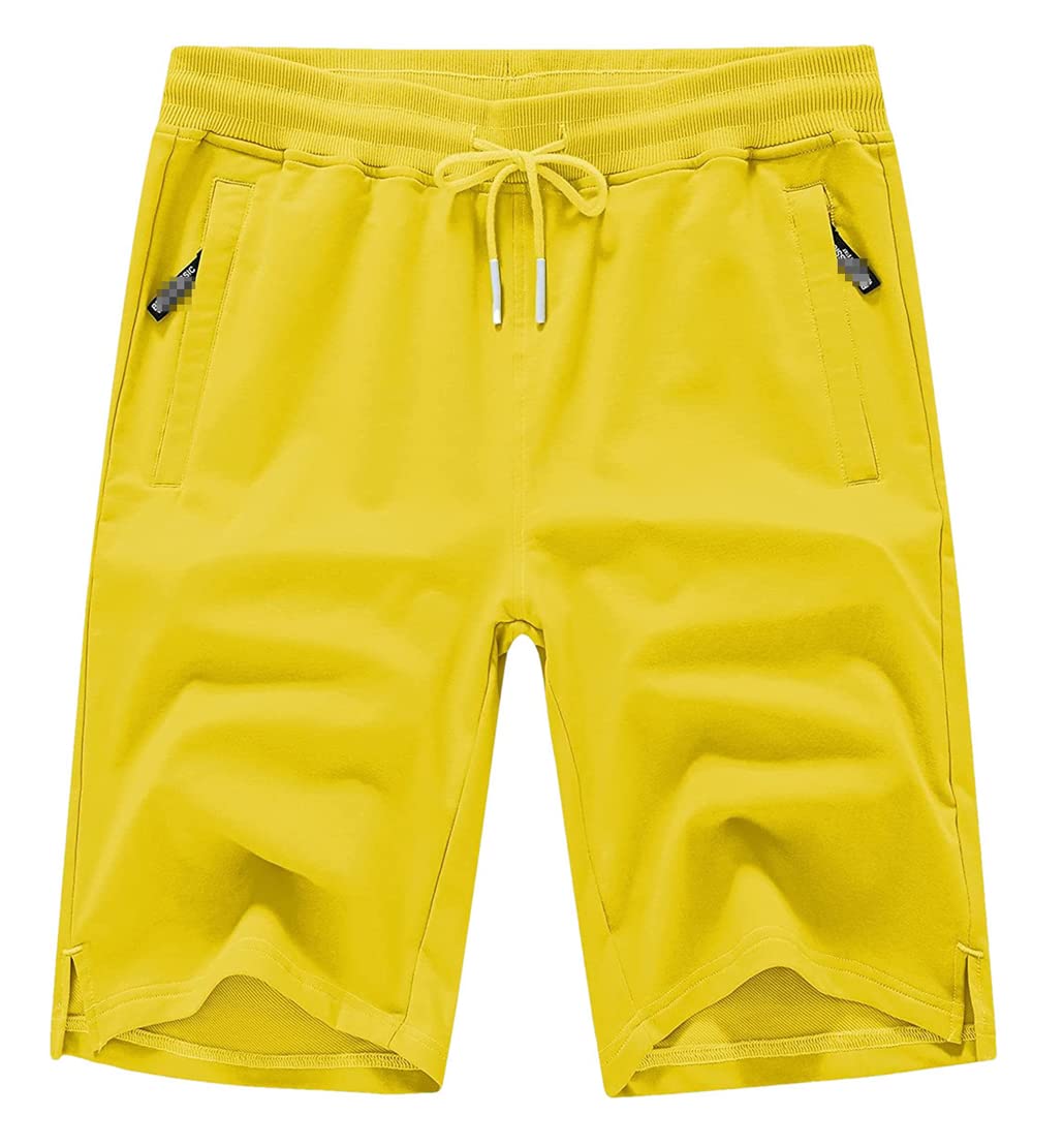 Męskie spodenki ze sznurkiem bawełniane slim fit elastyczne spodenki sportowe męskie codzienne spodnie dresowe do biegania odzież męska, ŻÓŁTY, 30W