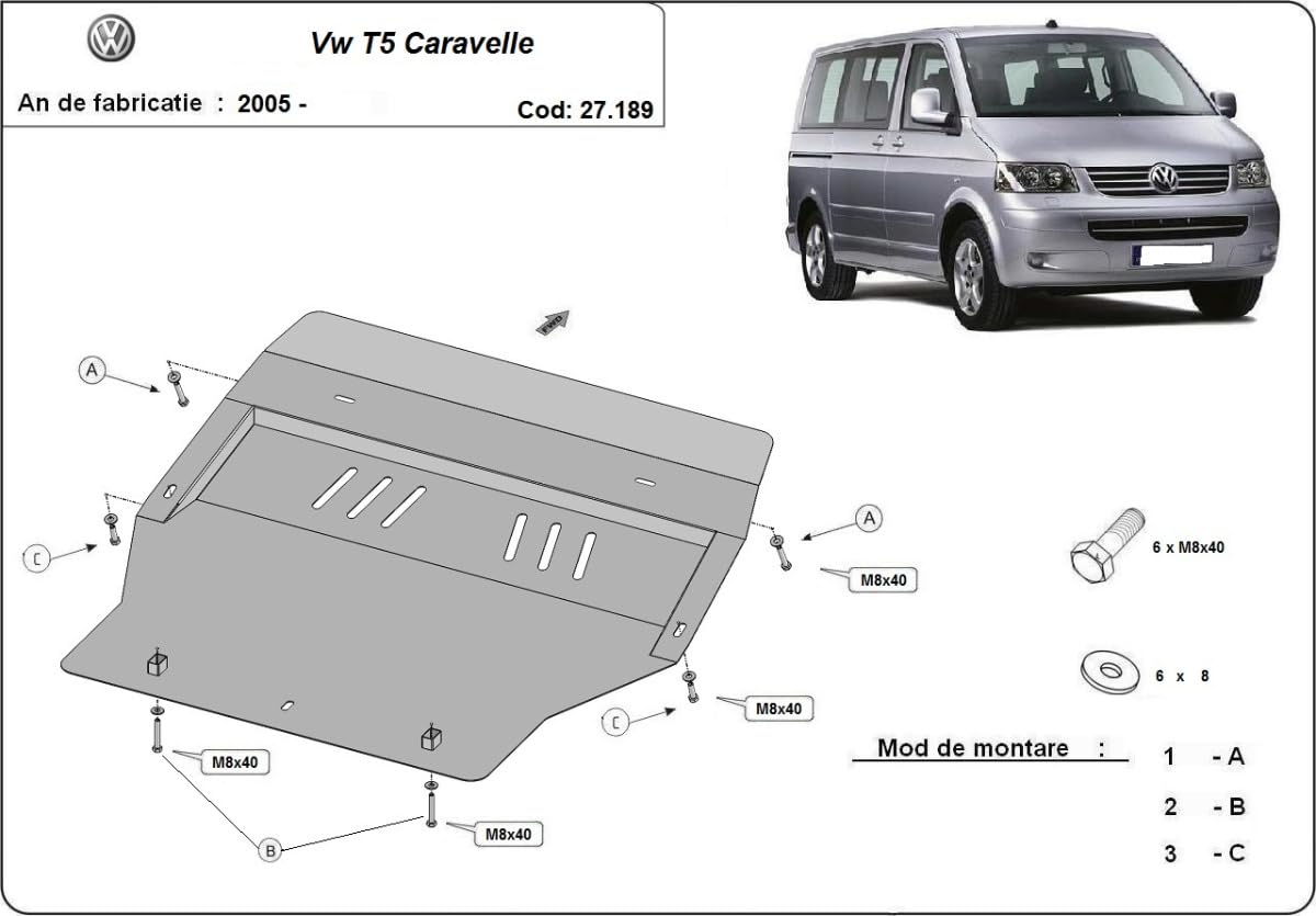 Protezione motore in metallo compatibile con Volkswagen Caravelle T5, T6.