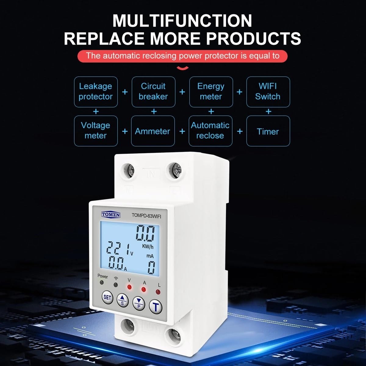 Diferencial Auto Rearmable,Diferencial Interruptor TOMPD-63 WFI de 63 A, Smartlife TUYA, disyuntor, medidor de energía, temporizador con protección contra voltaje, corriente y fugas.(With backlight)