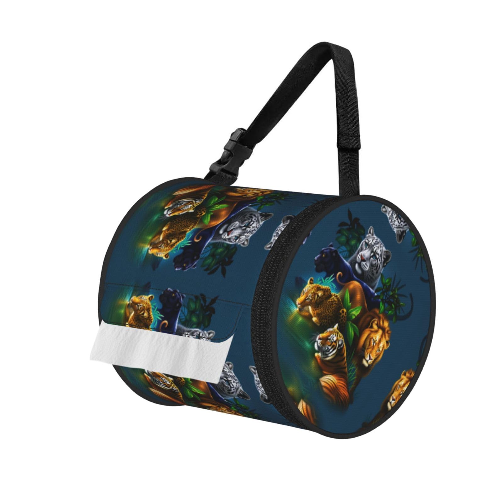 Wildlife Theme Print Round Tissue Dispenser Bag With Carry Strap, Portable Roll Holder For Car Travel Home