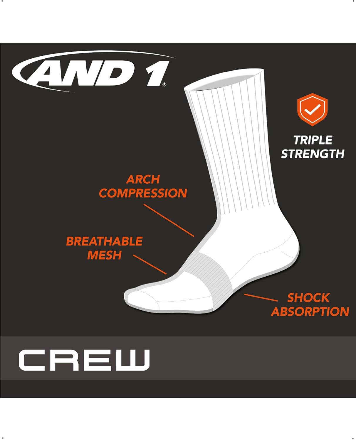 AND1 Mens Crew Socks - 12 Pack Lightweight Athletic Stretch Crew Length Running Socks with Arch Compression (Sizes: 6-12.5) - Image 3