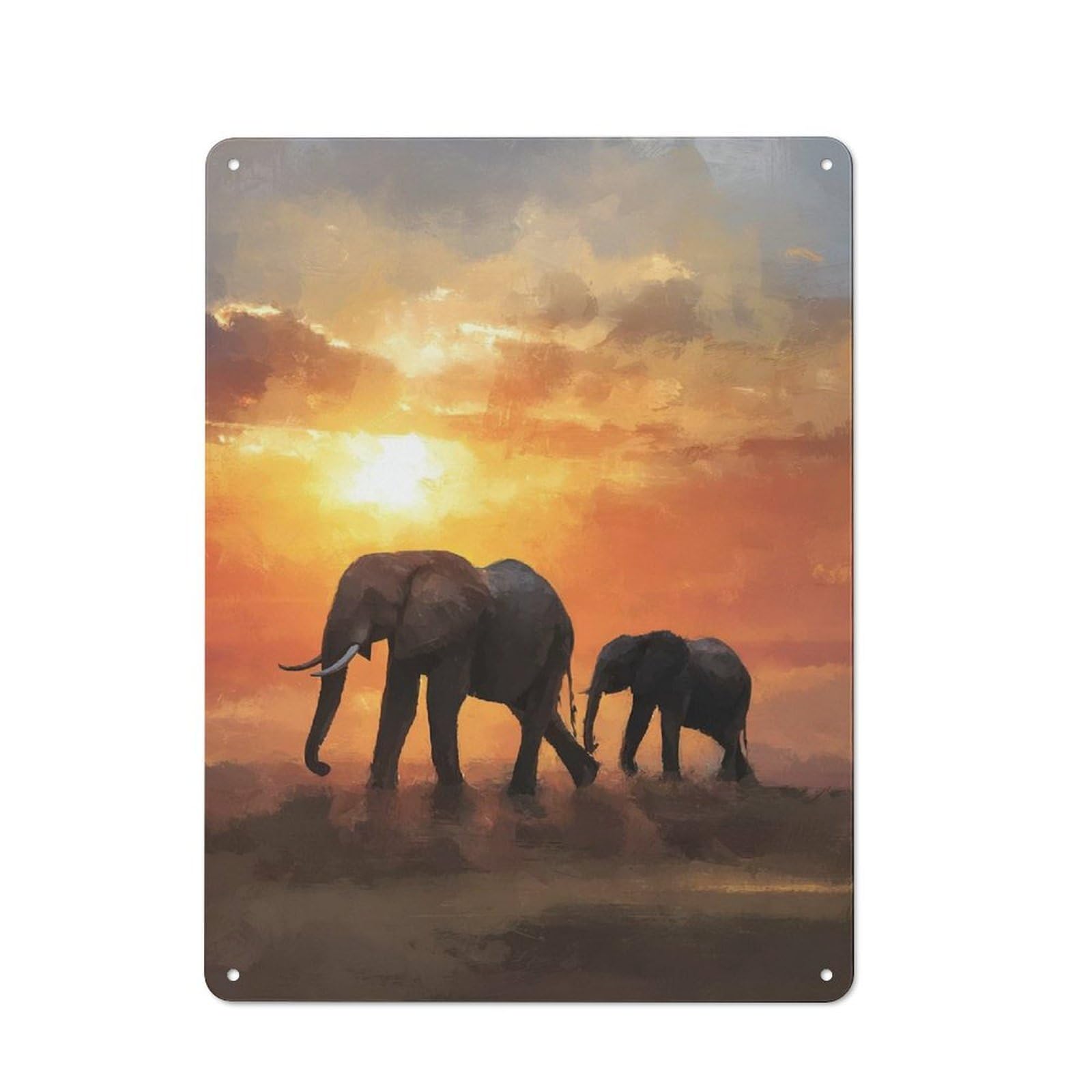 Junmoney Style-2 Garage Style Metal Wall Sign 40X30cm Featuring Elephants Walking At Sunset, Garage Wall Decor For Garage, Hobby Room, Office Or Man Cave