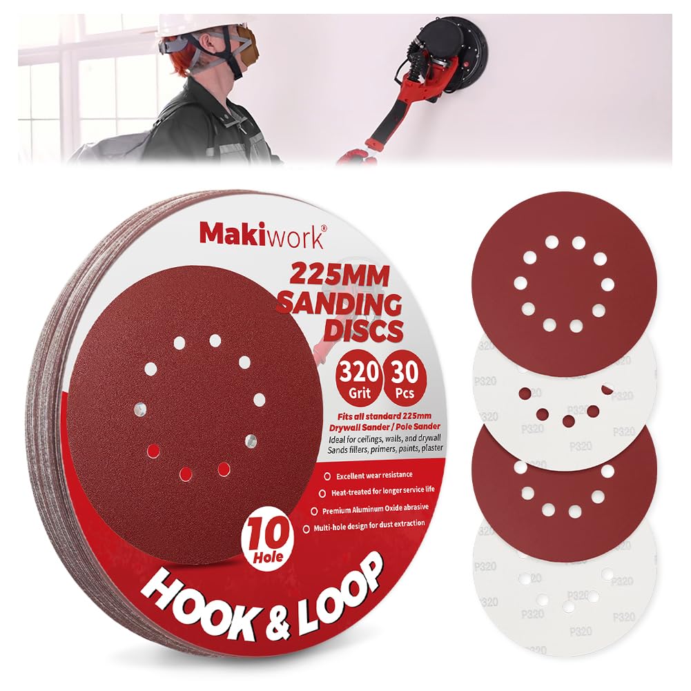 Makiwork 30PCS 225mm 10-Hole 320 Grit Hook & Loop Sanding Discs – Heavy-Duty Aluminum Oxide Sandpaper for Drywall Sander, Paint Removal, Wood & Metal Surface Prep