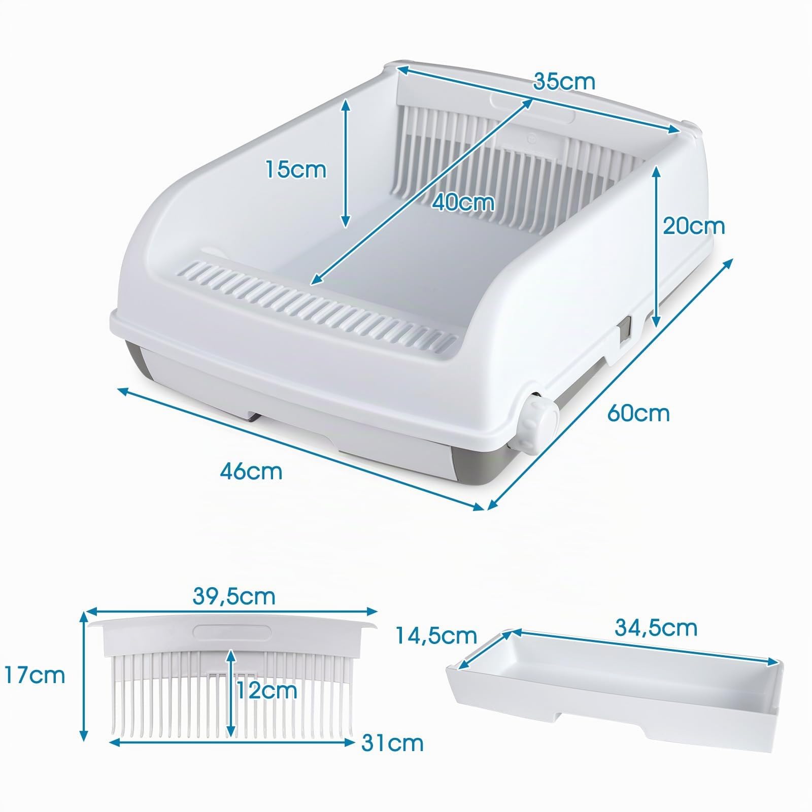 COSTWAY Lettiera per Gatti Semi-Automatica a Tetto Aperto, Toilette Antischizzo con Vassoio Estraibile a Cassetto, Paletta Scorrevole e Pedale Filtra Sabbia, Lettiera per Gatti fino a 10 kg (Bianco)