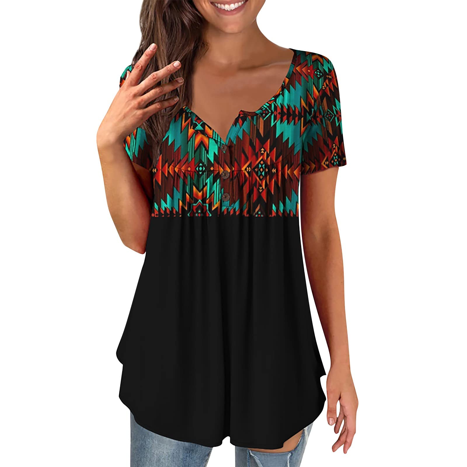 Women's Classic Aztec Style Print Tops Casual Scoop Neck Short Sleeve Pullover Blouse Plus Size Button Pleated Shirts Summer Casual Tops for Women