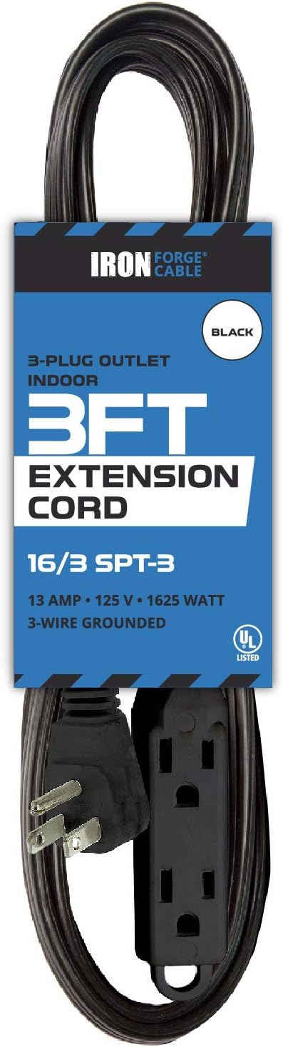 IRON FORGE CABLE 3 ft Flat Plug Black Extension Cord, 16/3 Flat Cable 3 Prong Indoor Extension Cord with Multiple Outlets, 13 AMP for Home Office & Small Appliances - US Veteran Owned