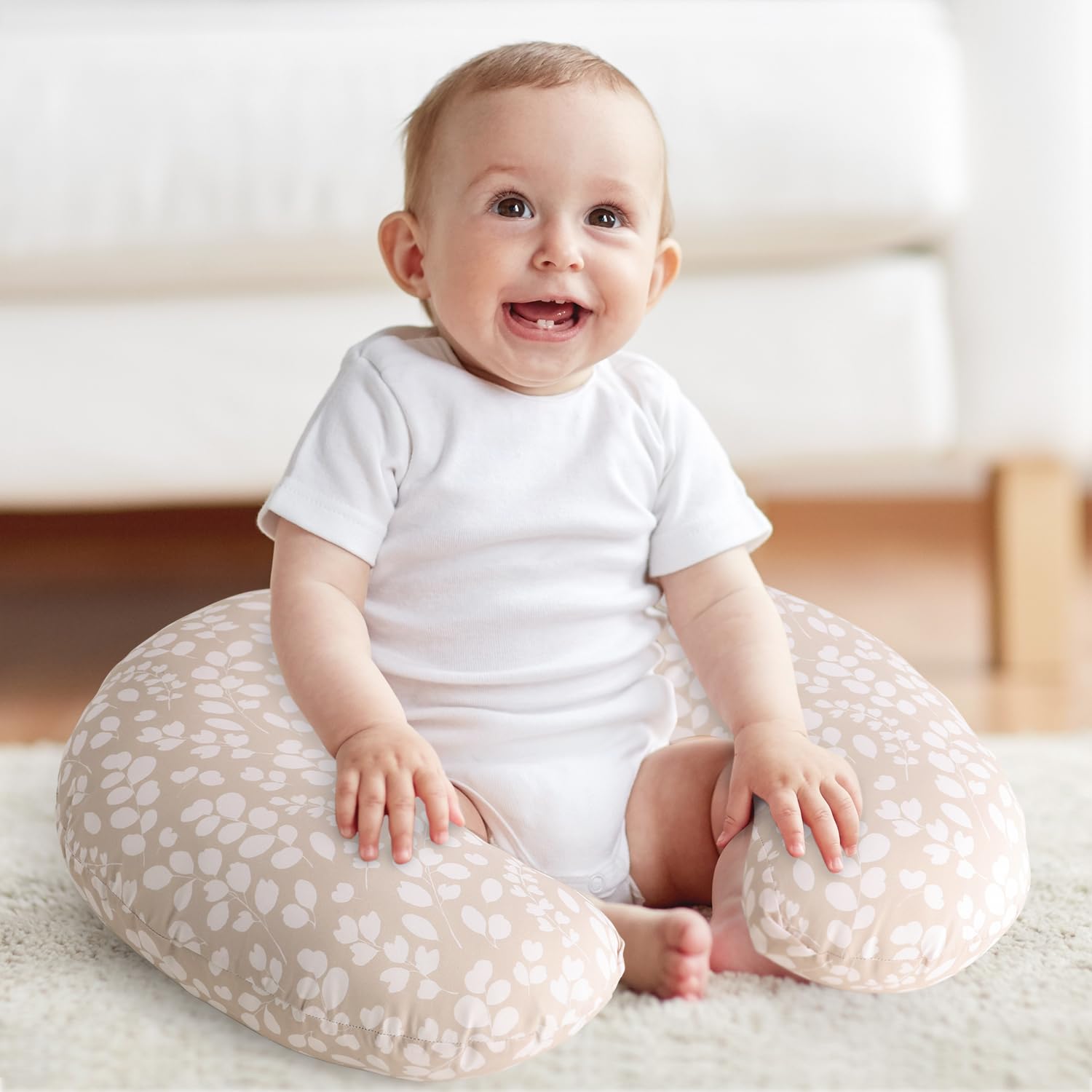 The Peanutshell Nursing Pillow & Cover - Soft Newborn Nursing Baby Girl or Boy Pillow Covers, Supportive & Comfortable Breastfeeding, Tummy Time Baby Essentials - Beige Botanical