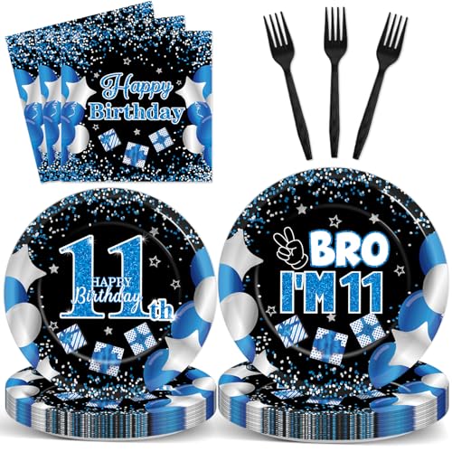 Image of Qyeahkj 100 Pcs 11th Birthday Decorations for Boys Official Teen Supplies Plate Napkin Forks Set Disposable Blue 11th Birthday Tableware Paper Plates Dinnerware for Kids Teenager Favors Serve 25
