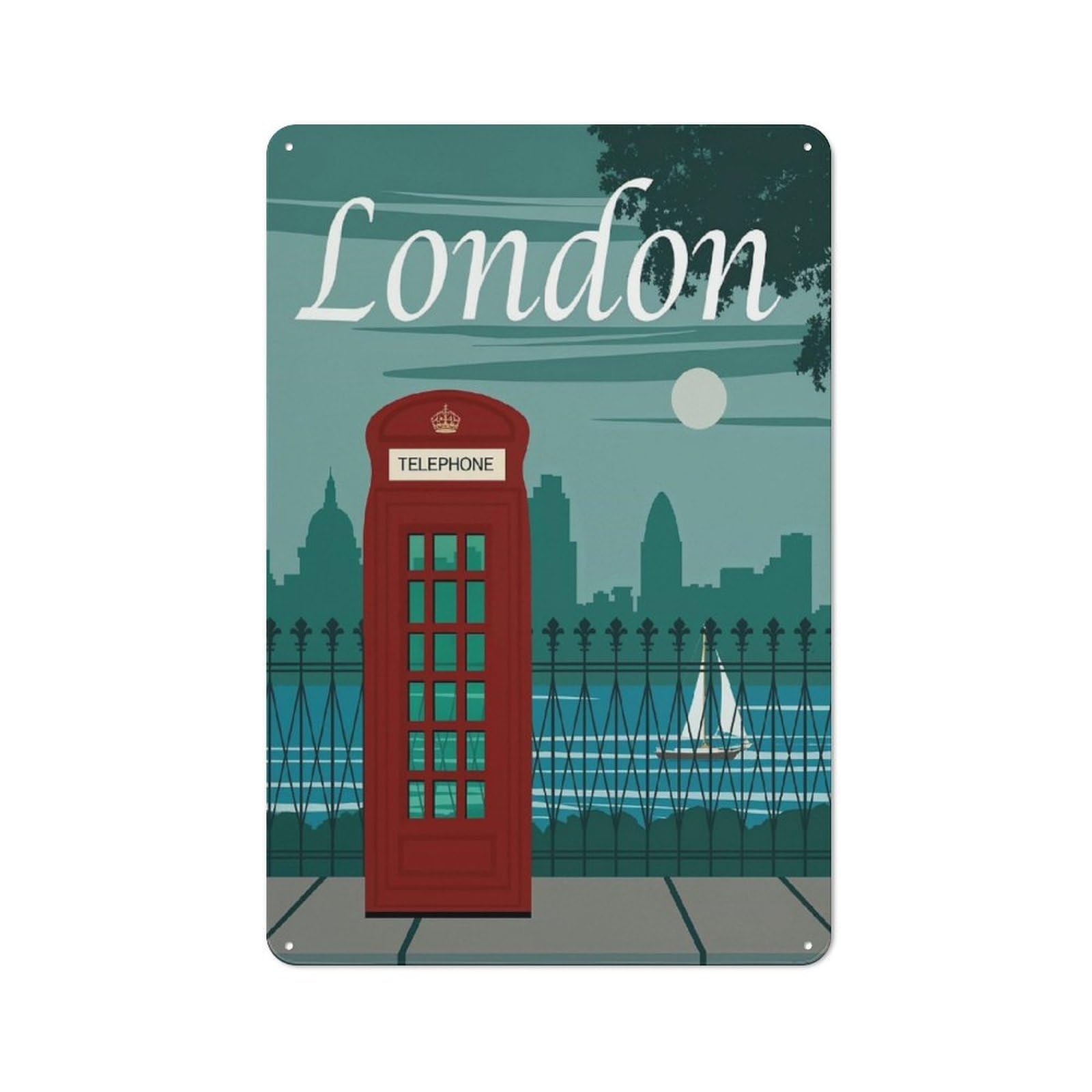 London Telephone Booth Illustration Industrial-style Tin Sign 30x20cm for Garage Or Workshop, for Garage, Workshop And Man Cave Decoration