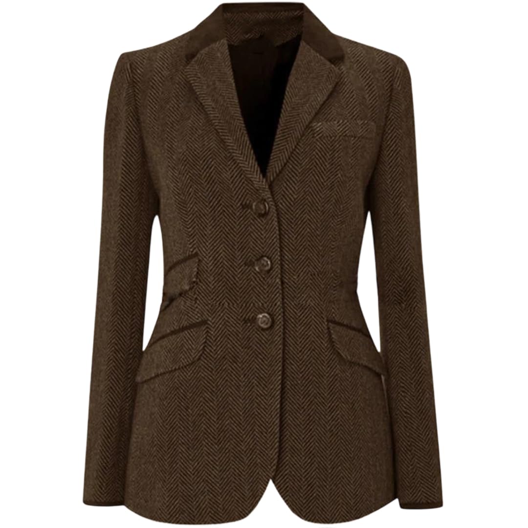 Womens Herringbone Lapel Slim Fit Oversized Single Breasted Tweed Jacket