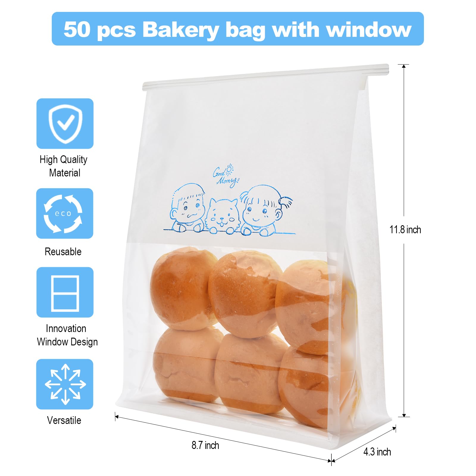 Funcoo Papier-Brotbeutel mit Frontfenster, Zinnverschluss, Lebensmittelverpackung, Bäckereibeutel für hausgemachtes Brot, Brot, Toast, Kekse, Brownies, Gebäck, 27,9 x 21,6 x 10,9 cm, 50 Stück
