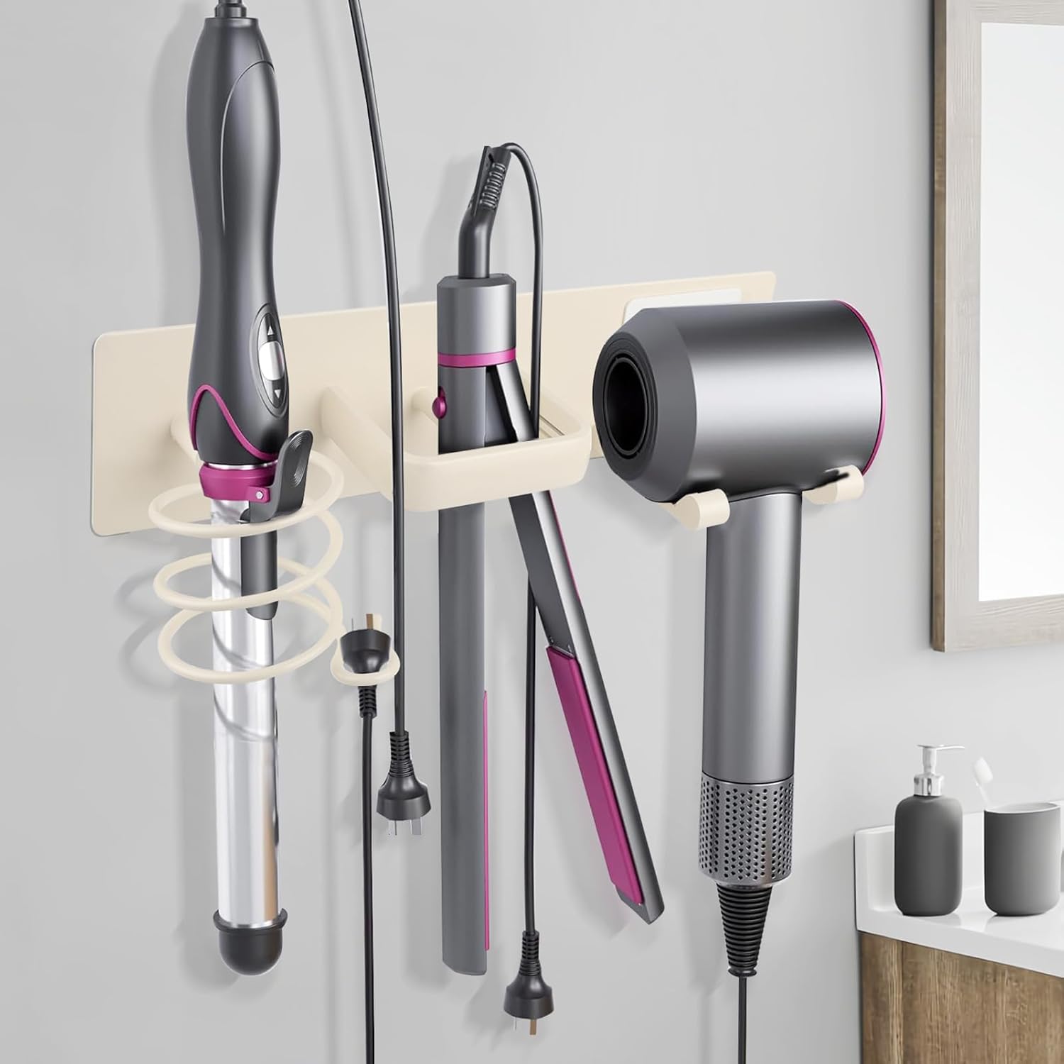 Hair Dryer Holder Wall Mount, Aluminum Hair Tool Organizer with Self Adhesive and Drilling Install Options, Flat Iron/Curling Iron/Straightener Holder for Bathroom