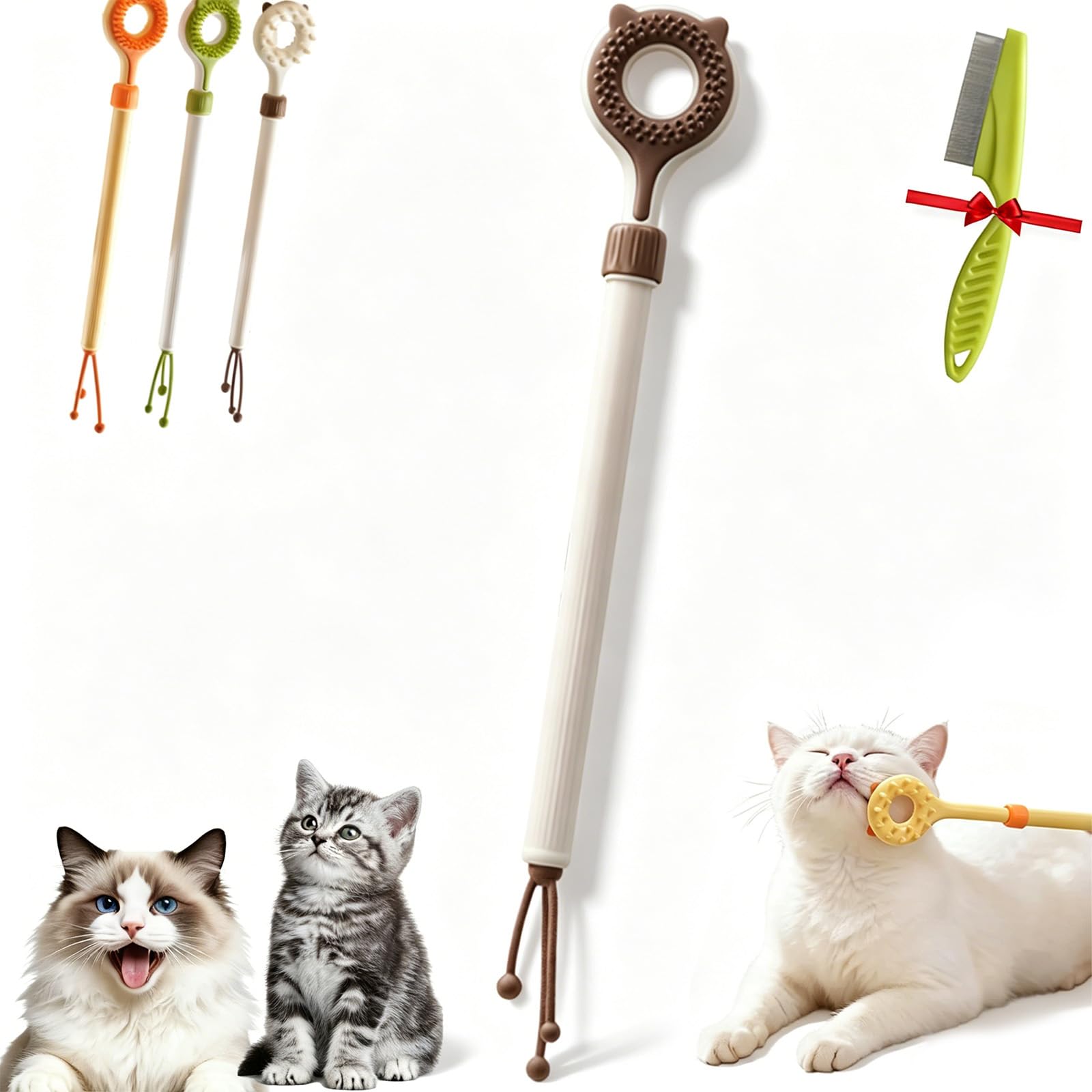 Extendable Cat Scratcher Wand for Playtime, Gropoming & Massage, Cat Grooming Scratcher Tool, Cats Scratching Brush with Extendable Telescopic Handle, for Home, Playtime, Relaxation (Brown)