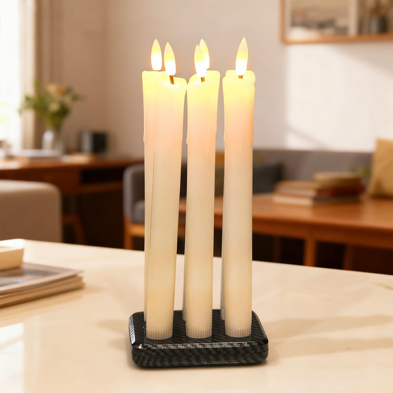 Eldnacele LED Stabkerzen mit Timerfunktion, 6er Set mit Tropfwachs-Design | Elektrische Kerzen mit Fernbedienung, flackernde 3D-Flamme, elfenbeinfarben, batteriebetrieben, Weihnachtsdeko und Hochzeit