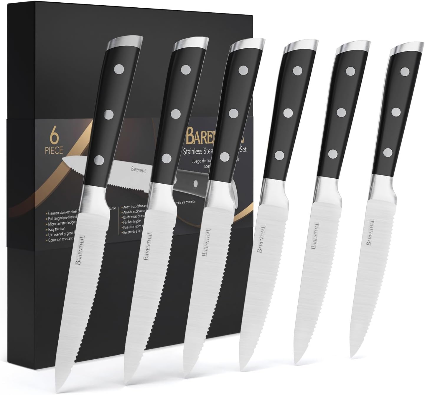Barenthalsteak knives set of 6-4.8 Inch Steak Knife Set Dishwasher Safe German Stainless Steel Serrated Knife with Blocked Sharp Steak Knives for Christmas Gift with box