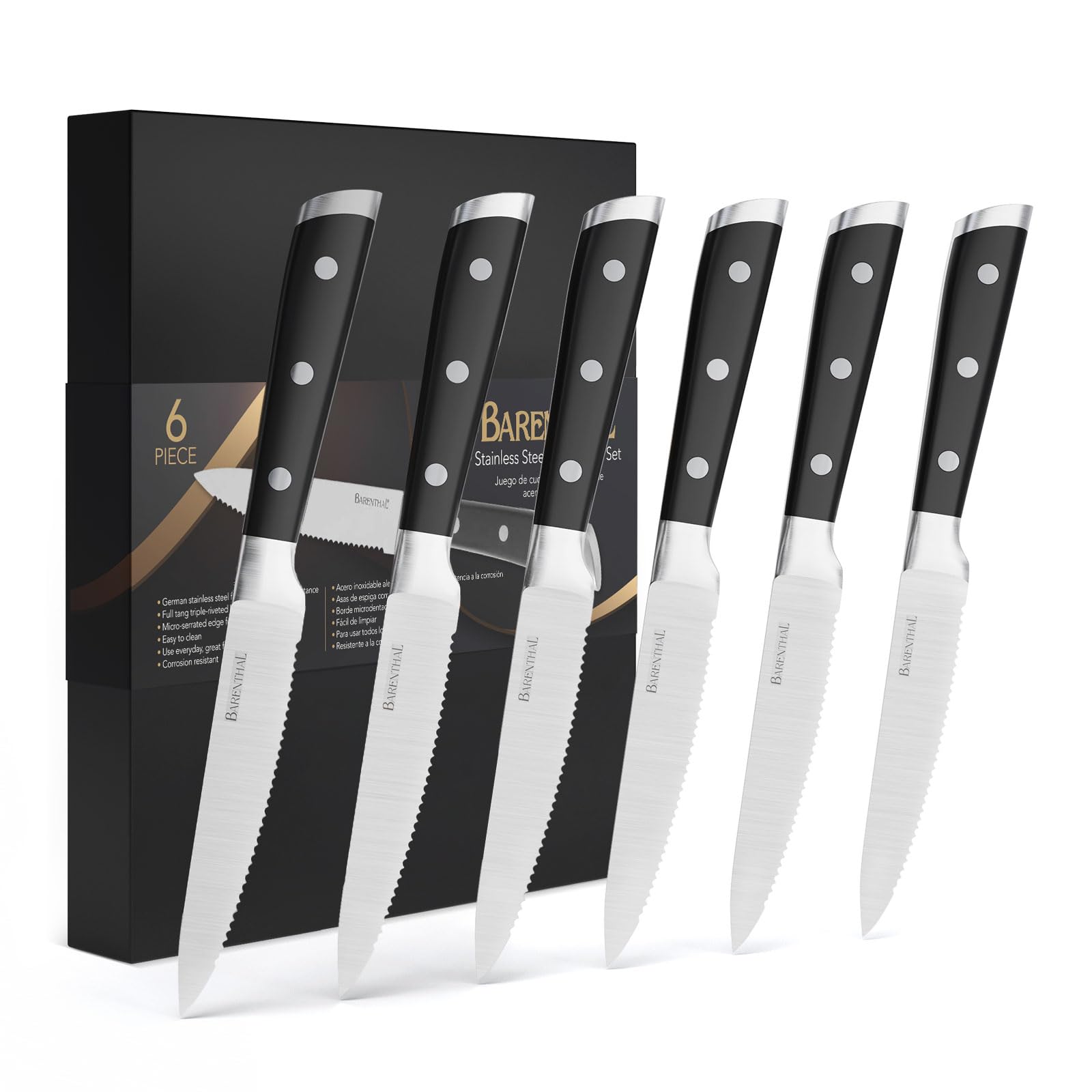Barenthalsteak knives set of 6-4.8 Inch Steak Knife Set Dishwasher Safe German Stainless Steel Serrated Knife with Blocked Sharp Steak Knives for Christmas Gift with box