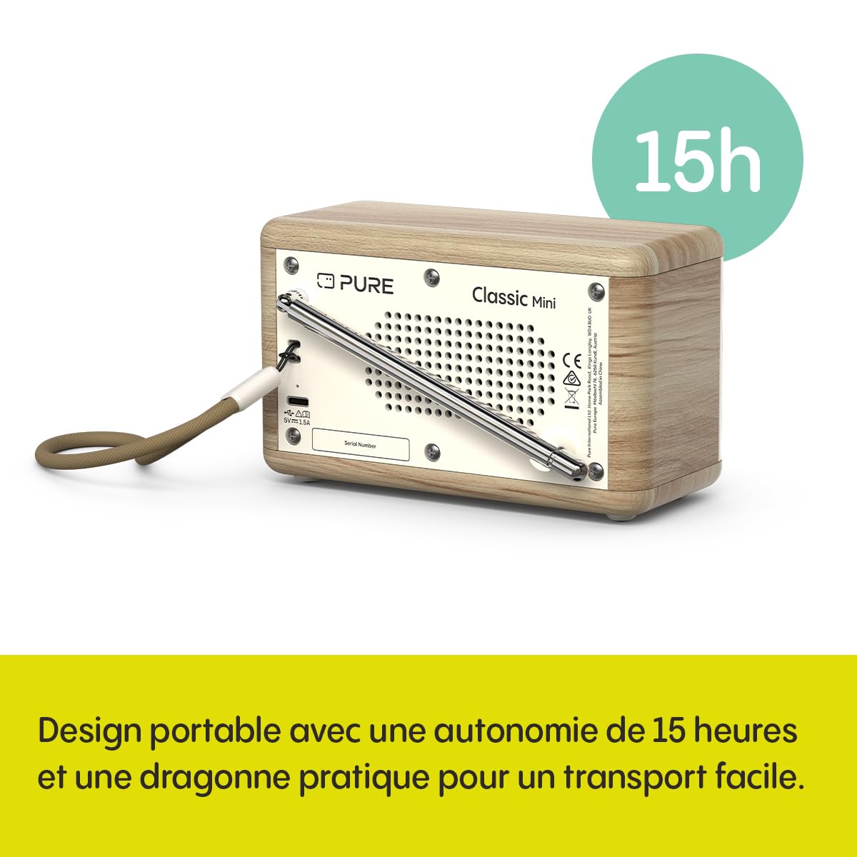 Pure Mini Radio numérique Portable Classique - Dab+ & FM - Bluetooth 5,3-15 Heures d'autonomie - 2 Options d'égaliseur - écran Couleur 2,4" - Sangle de Transport - Coton Blanc/chêne - Compact et léger