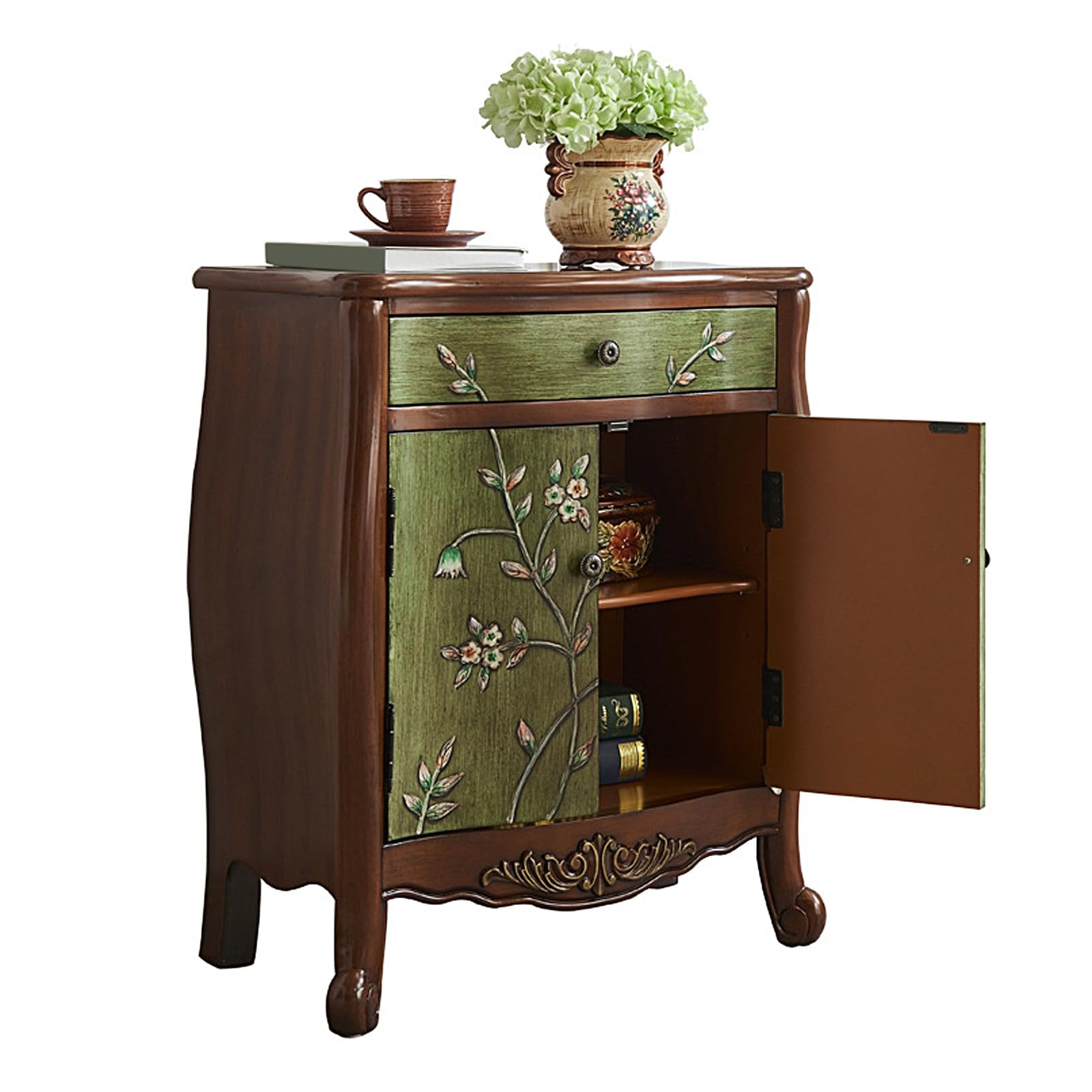 Szafka na Biżuterię z 1 Szufladą i 2 Drzwiami Drewniana Szafka Boczna Szafki do Sypialni Meble Malowane w Stylu Retro (Orzech i Zieleń, 66 * 33 * 77.5cm)