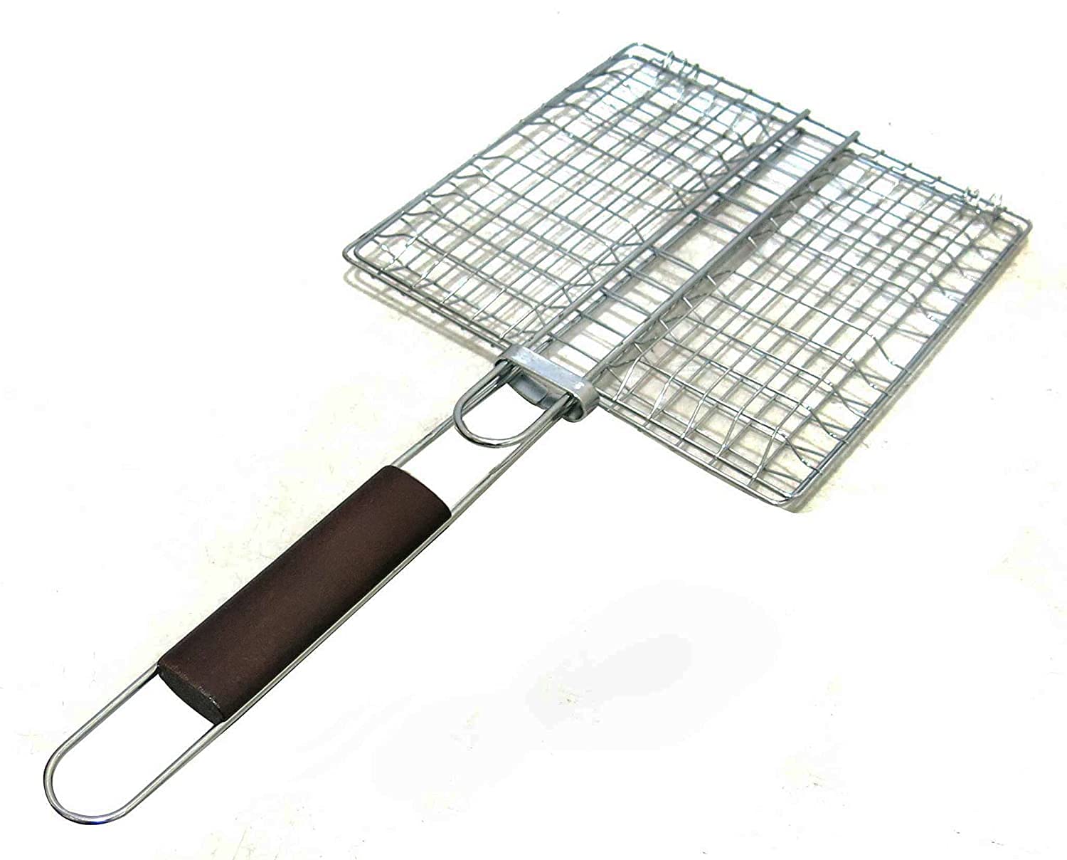 TRAY Chromium Plated Barbecue BBQ Grill Net Basket for Fish, Vegetables, Steak, Shrimp, Chops and Other Food with Wooden Handle
