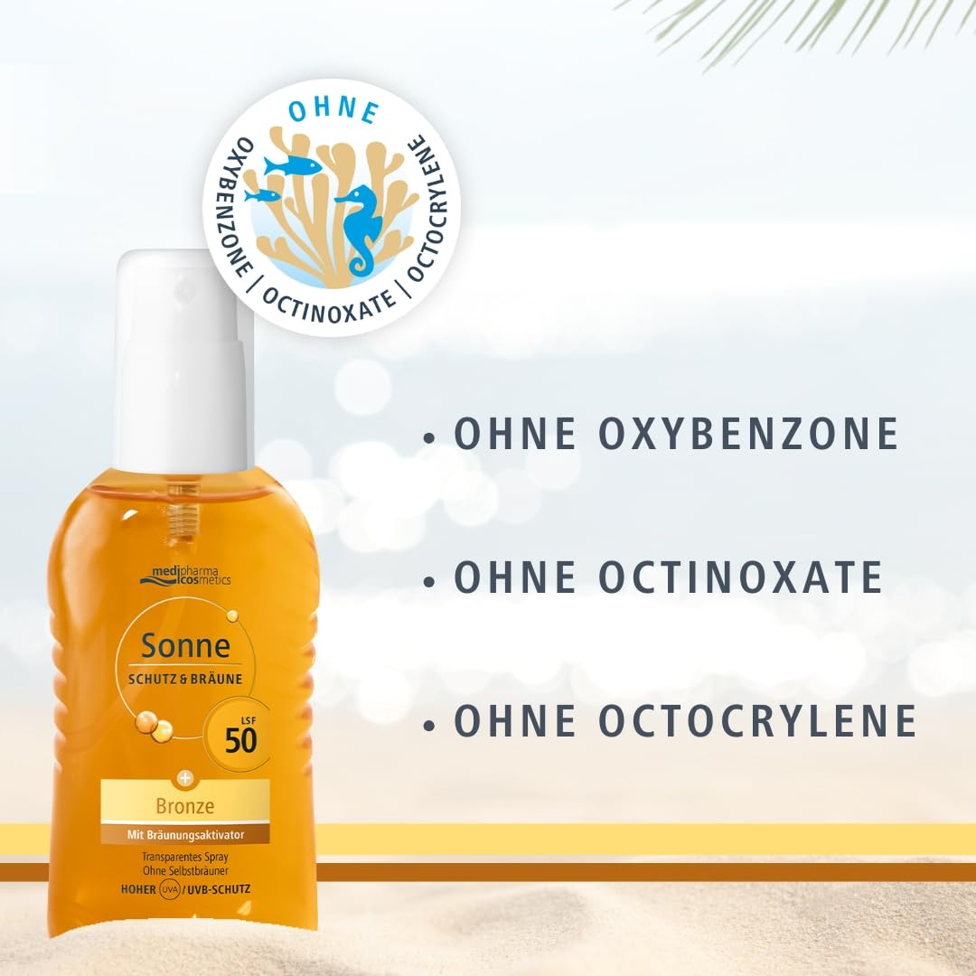 Sonne Schutz&Bräune Bronze Pump-Spray LSF 50 - Sonnenspray mit Bräunungsaktivator - zur Unterstützung der natürlichen Bräune - transparent - ohne Selbstbräuner - von medipharma cosmetics - 200 ml