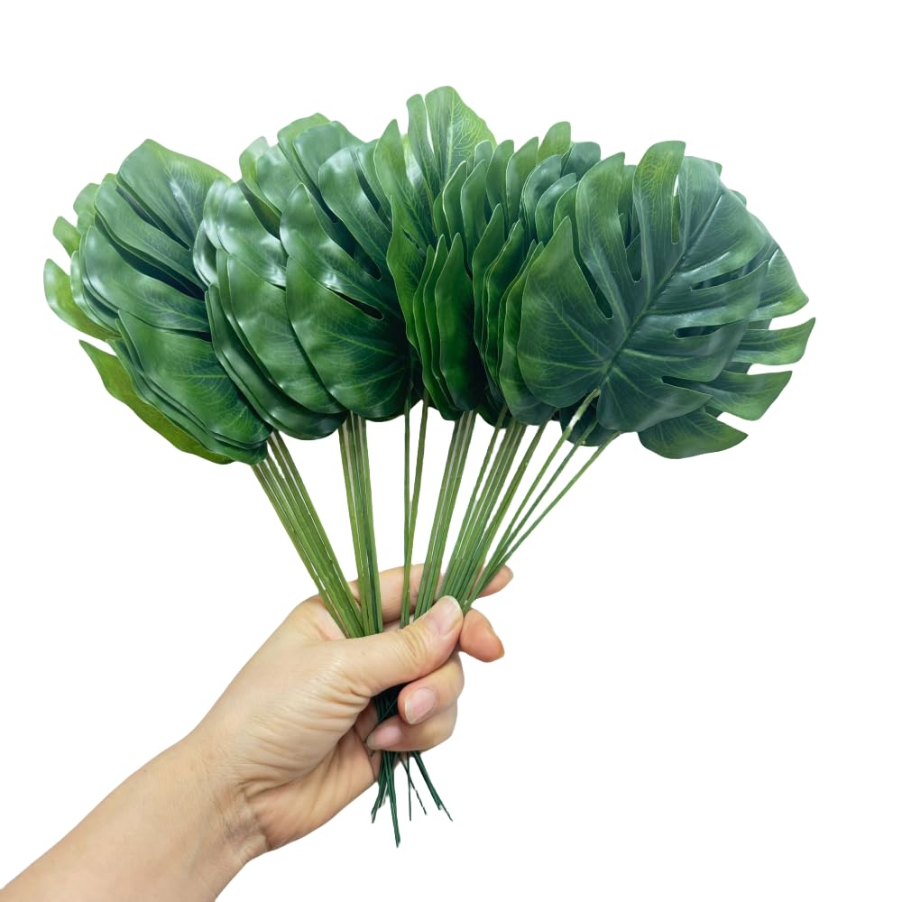 Urier Green 24 Pieces Mini Artificial Palm Leaves,11" Artificial Leaves For Decoration,Center Pieces Decoration For Table Party,Leaves Wall Decor For Wedding Shower Decorations (Green)