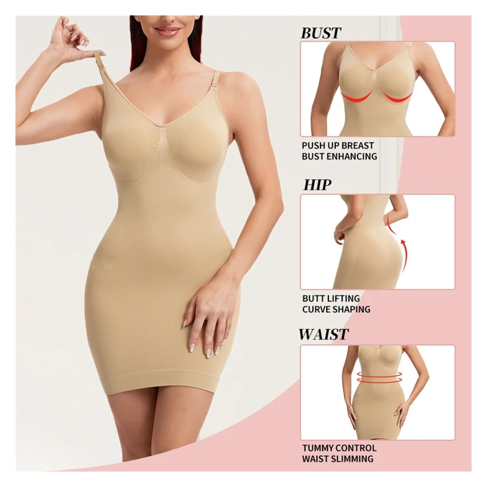 Fond De Robe Invisible Robe Moulante à col en V for Femme, sous-vêtement Moulant, à Compression Douce, Amincissant, Taille, Ventre Plat, Corset Sexy(Nude,L)