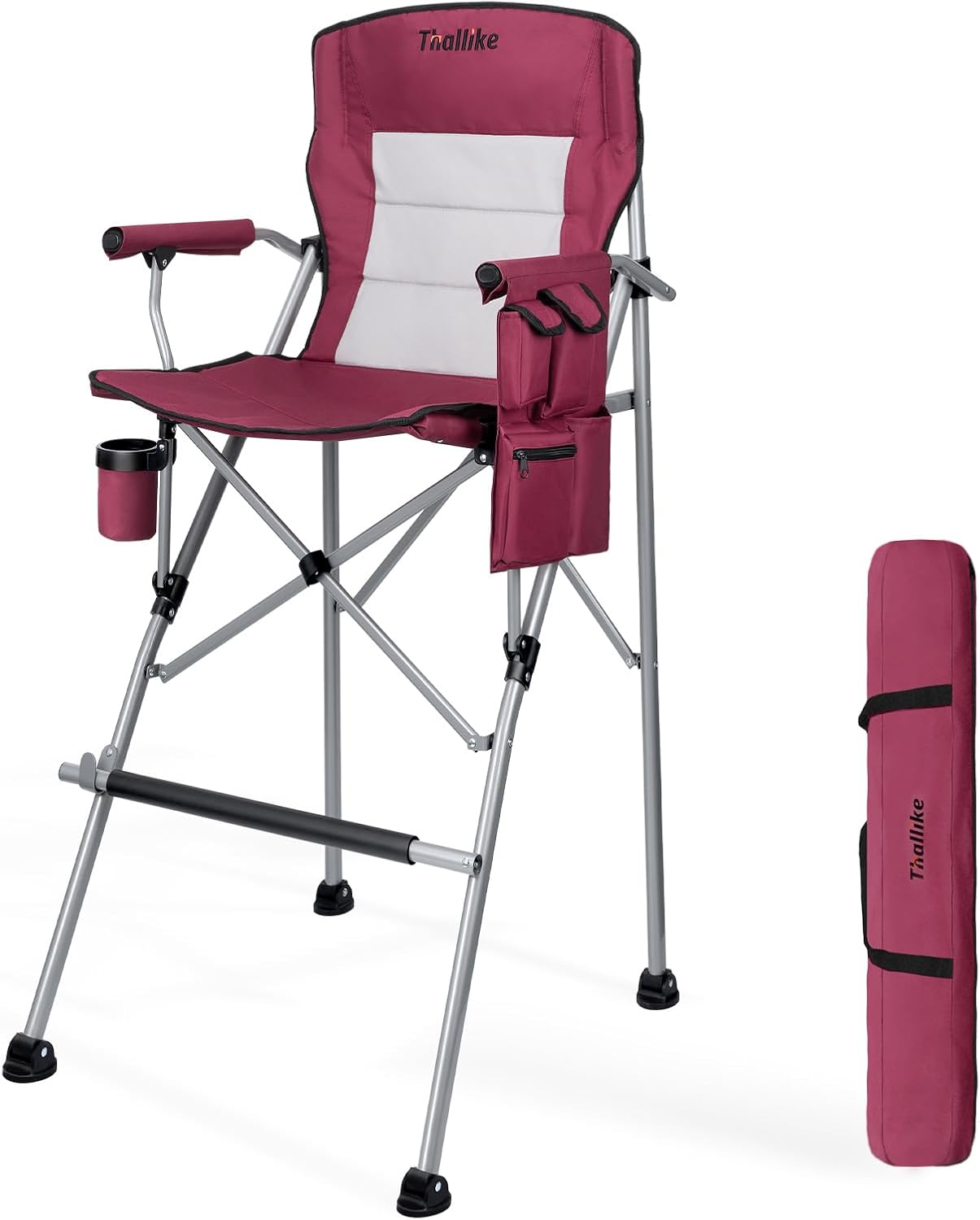 Thallike Foldable Tall Director Chair - 31" Bar Height, 400 lbs Capacity, Portable Camping Chair with Cup Holder, Storage Bag & Footrest - Red