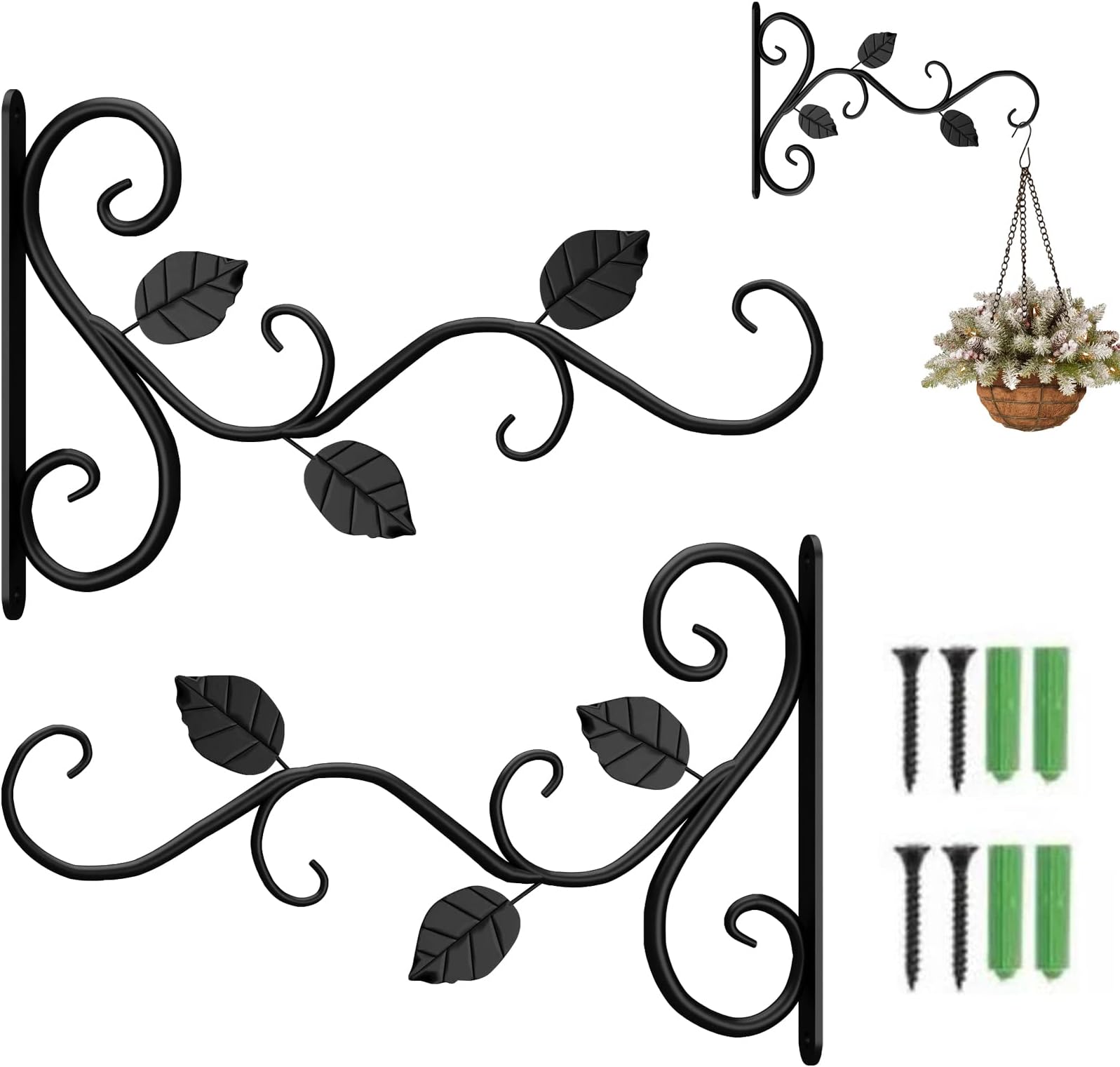2 Packs 12.2’’ Black Hanging Plants Bracket Wall Mounted Hangers, Heavy Duty Wrought Iron Rustic Hook for Hanging Flower Pots Baskets Bird Feeder Wind Chime Fence Lanterns Outdoor Indoor Lawn Garden