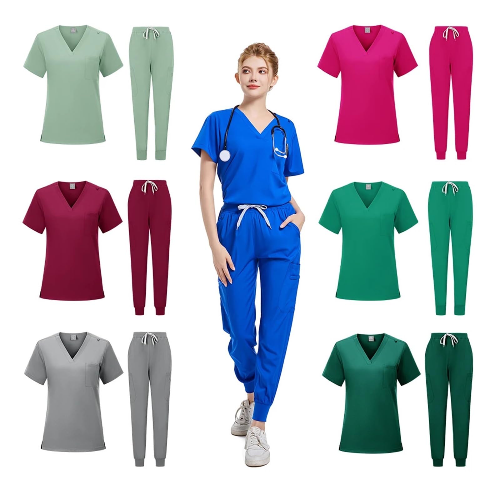 Divisa Infermiere Uniformi da Donna, Top e Pantaloni Elasticizzati con Scollo a V, Set da Scrub, Abbigliamento for Donne Dottore Donna Uniformi Sanitarie Slim-Fit Divisa Sanitaria(Purple,XL)