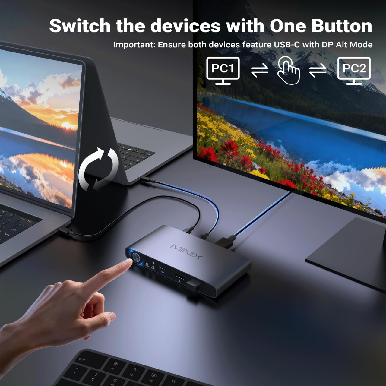 MINIX K1 USB C KVM Switch 1 Monitors 2 Computers, 4K@120Hz HDR, 100W PD 3.0, Dual USB-C Input KVM Switches, Share Keyboard & Mouse, Aluminum Design, Compatible with Windows, Mac, Linux, Android