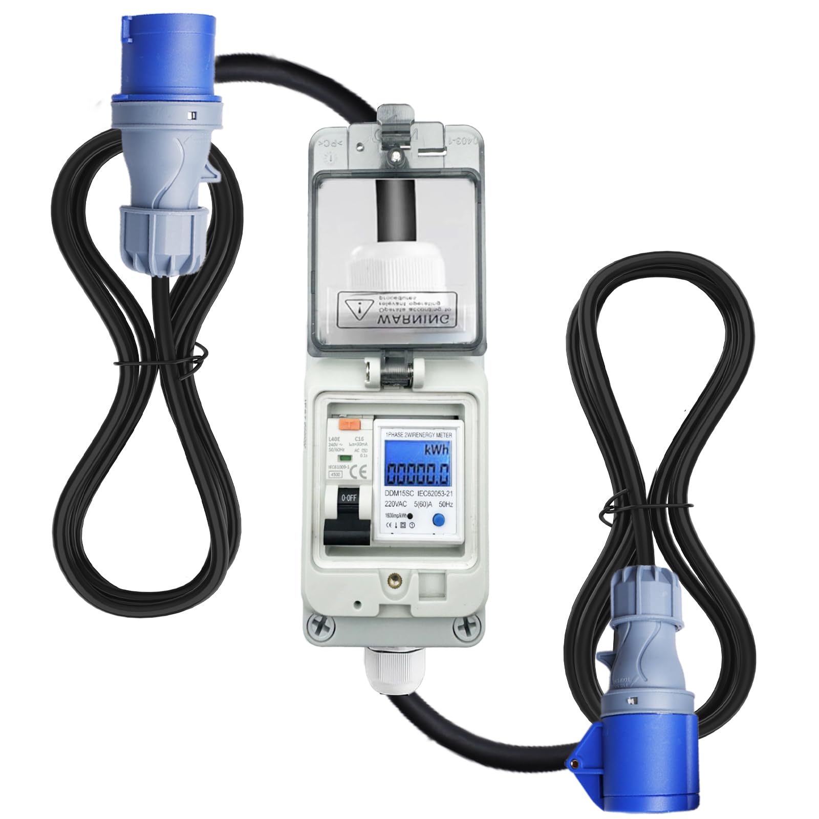 Medidor de corriente digital móvil 230 V 16 A, medidor de consumo de energía para enchufe con interruptor de protección FI tipo A, IP44 CEE de 3 pines 16 A macho a CEE 16 A, carcasa de contador de